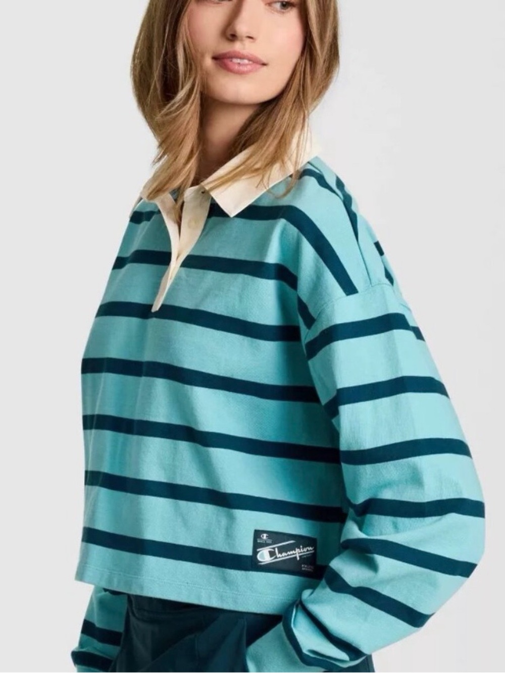 Champion Teal and Navy Striped Rugby Top with Cream Collar